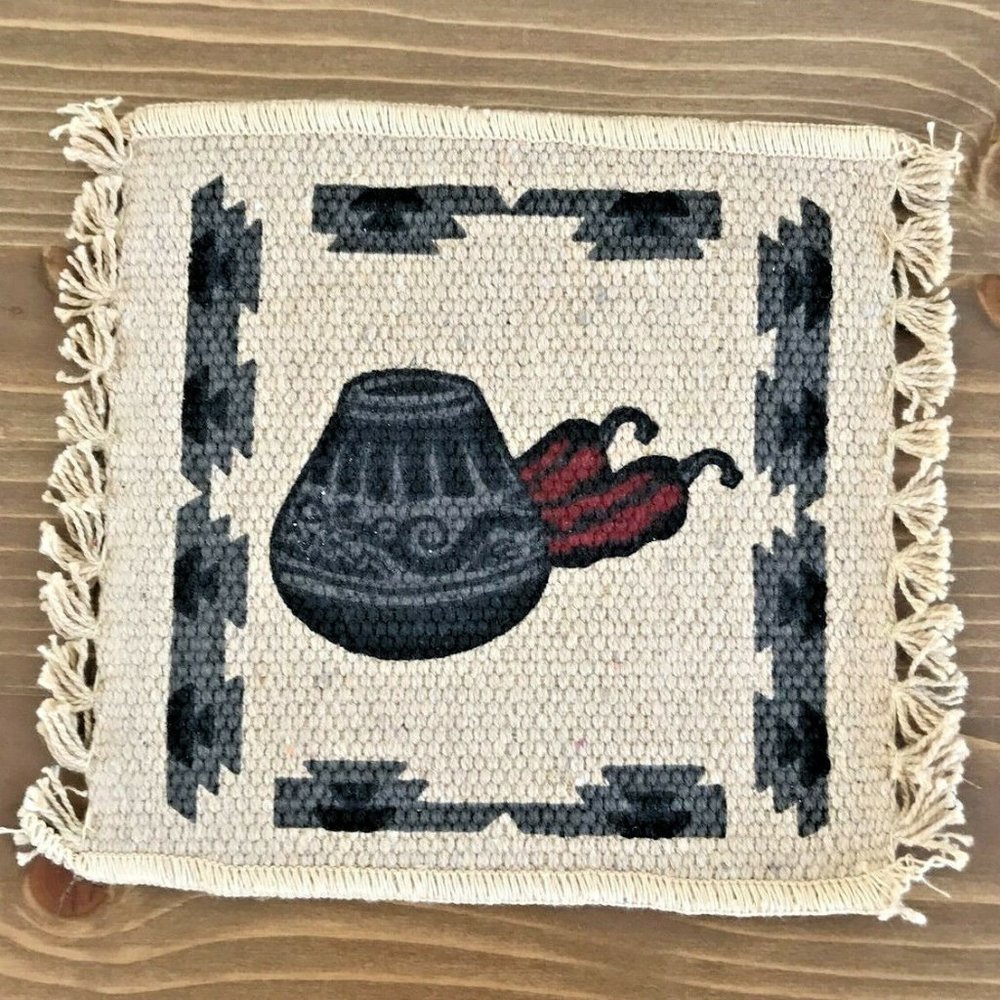 Hand Woven Potholder Trivet with Southwestern Printed Design Chili Peppers 6x7"
